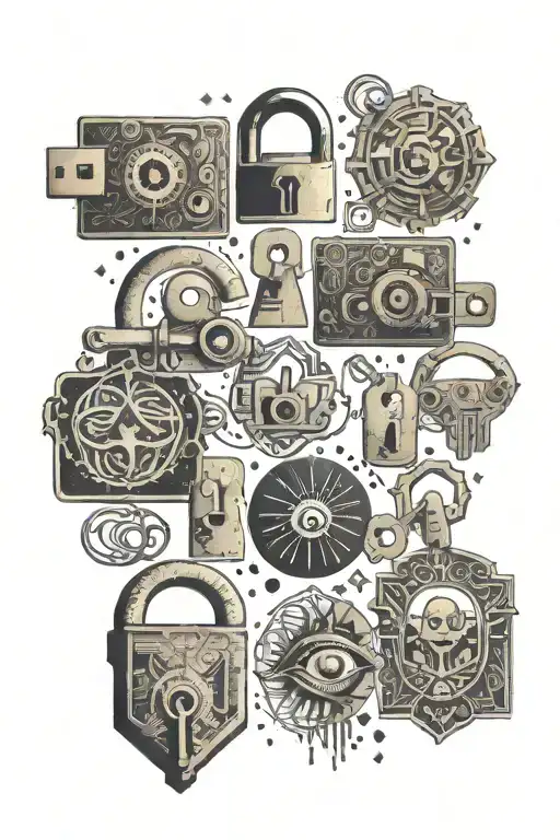 A collage of symbols representing open-mindedness and breaking free from societal norms, such as keys, locks, and eyes tattoo design idea