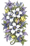 iris, morning glory, violet, primrose, daffodil, larkspur, poinsettia, poppy, iris bouquet tattoo design idea