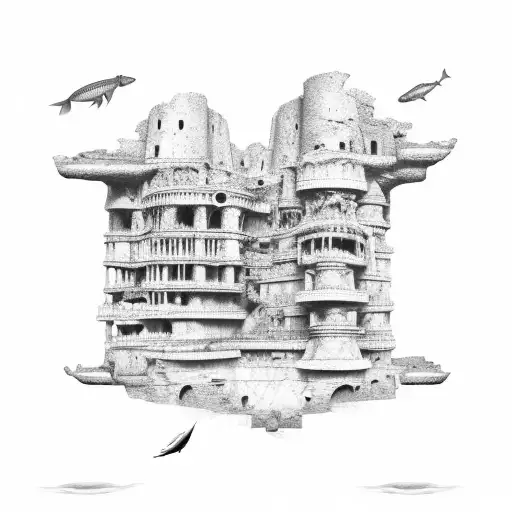 Sunken ship underwater next to ruins of the lost city of Atlantis tattoo design idea