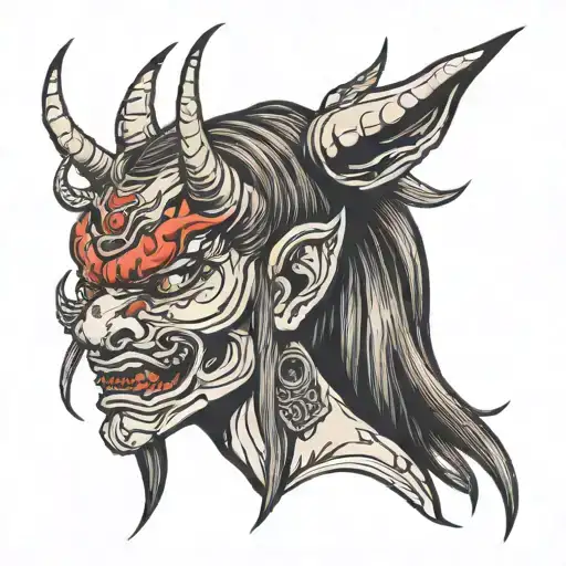 oni mask with a girl side profile traditional lady head tattoo design idea