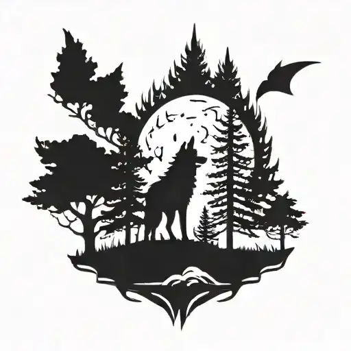 wolf moon pine tree tattoo design idea