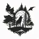 wolf moon pine tree tattoo design idea