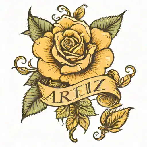 open rose tattoo with the name Arieliz in cool cursive font. the name arieliz will be in the color gold  tattoo design idea