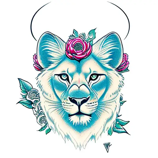 A lioness surrounded by snapdragon flowers tattoo design idea