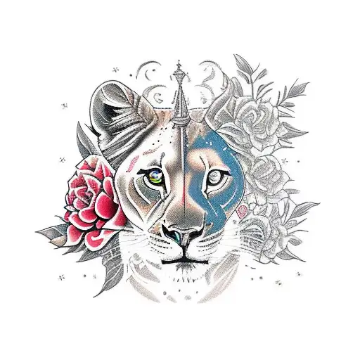 A lioness surrounded by snapdragon flowers tattoo design idea