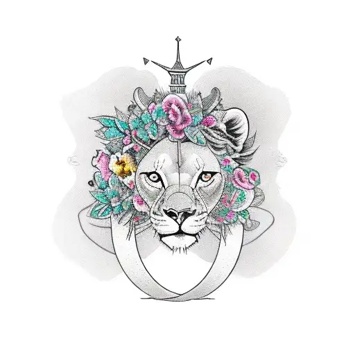 lioness head to shoulder portrait, surrounded by a ring of snapdragon flowers tattoo design idea