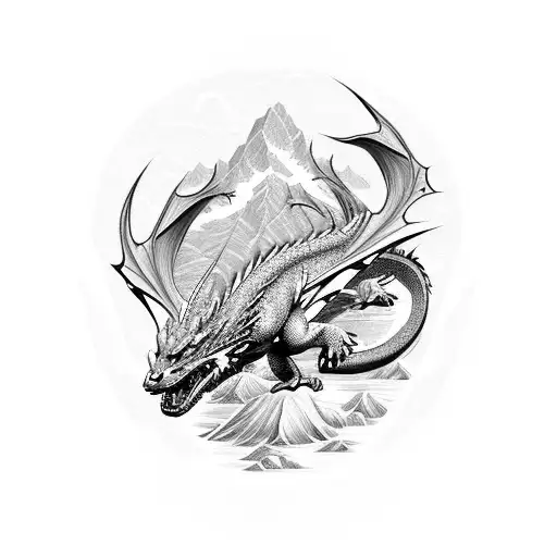 A majestic dragon soaring over a mountain range tattoo design idea