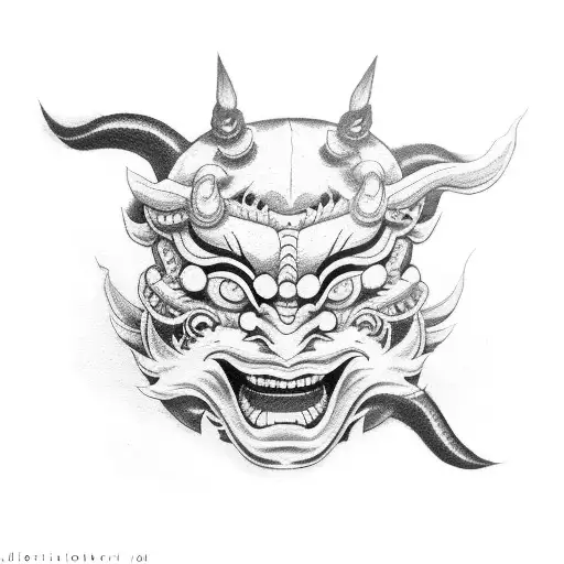 Traditional Japanese demon mask in dotwork style tattoo design idea