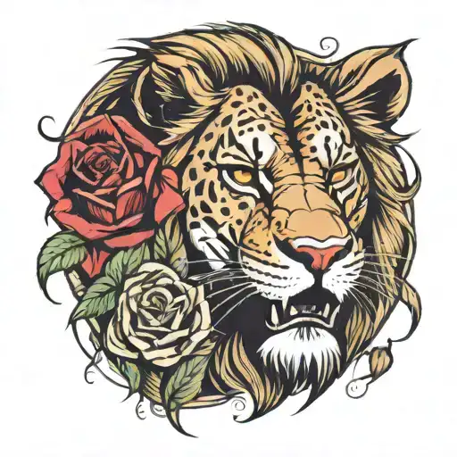 a male lion with roses and savannah type grass the evil lion opens its mouth we see the fangs tattoo design idea