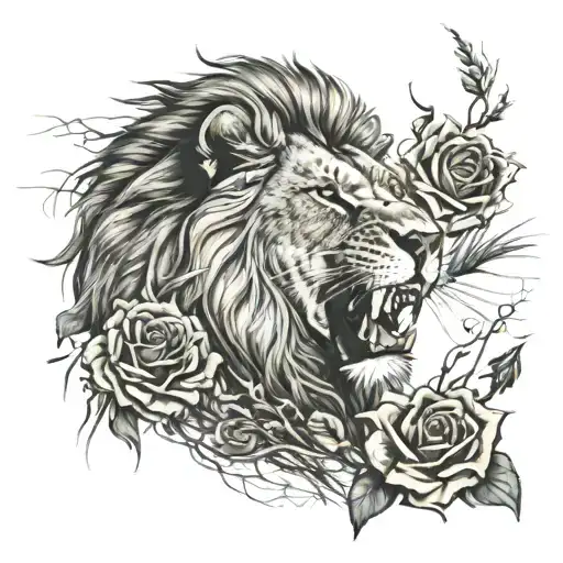 a male lion with roses and savannah type grass the evil lion opens its mouth we see the fangs tattoo design idea