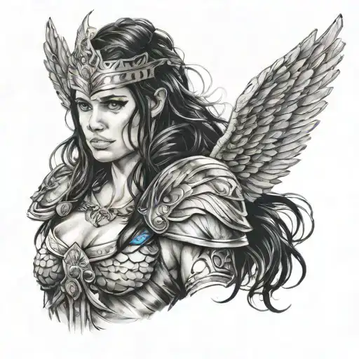 A realism tattoo of a beautiful valkyrie warrior with gorgeous face and blue eyes and black hair tattoo design idea