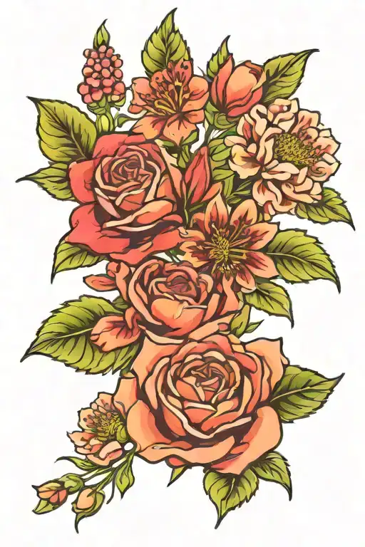 February, March, August, December birth flower bouquet tattoo design idea