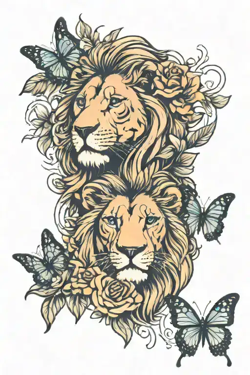 a lion king, a butterfly, two roses and a family of 5 lions   tattoo design idea