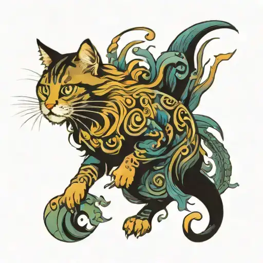 leaping long haired  cat chasing lizard  tattoo design idea