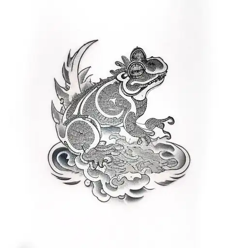 foo dog on thigh, money frog on calf and temple tattoo design idea