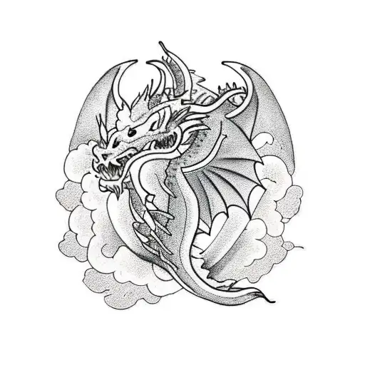 A traditional style dragon wrapped around a heart made of sakura blossoms tattoo design idea