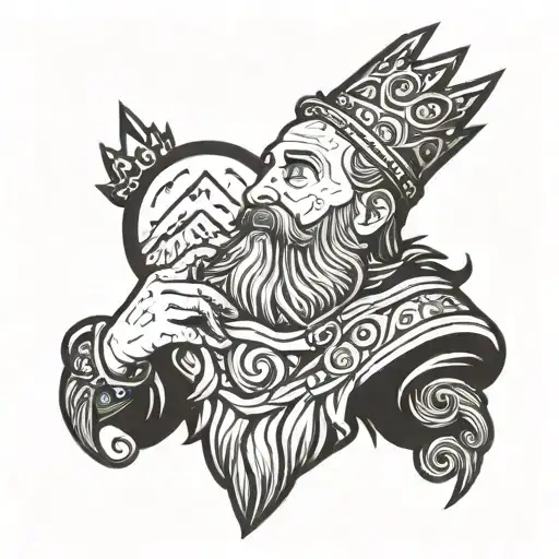 dwarf with beard and crown with mountains in the background tattoo design idea