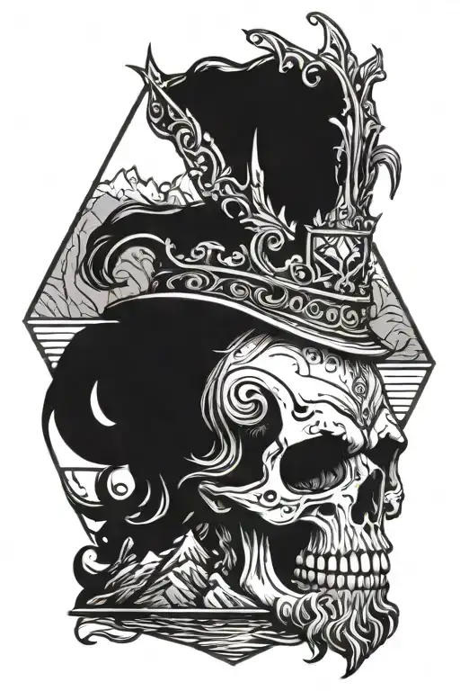 dwarf skull with beard and crown with mountains in the background and water below. it should be a triangular shape. tattoo design idea