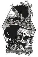 dwarf skull with beard and crown with mountains in the background and water below. it should be a triangular shape. tattoo design idea