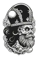 dwarf skull with beard and crown with mountains in the background and water below. it should be a triangular shape. tattoo design idea