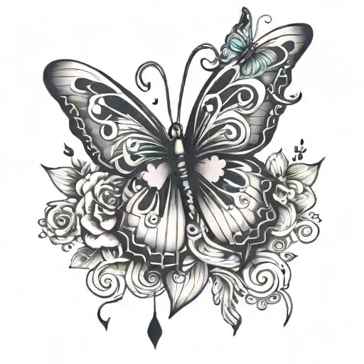 Butterfly with 3 small hearts, 1 big heart, paw print and a music note tattoo design idea