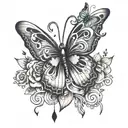 Butterfly with 3 small hearts, 1 big heart, paw print and a music note tattoo design idea