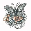 Butterfly with 3 small hearts, 1 big heart, paw print and a music note tattoo design idea