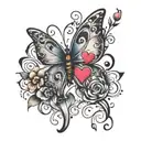Butterfly with 3 small hearts, 1 big heart, paw print and a music note tattoo design idea