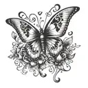 Butterfly with 3 small hearts, 1 big heart, paw print and a music note tattoo design idea