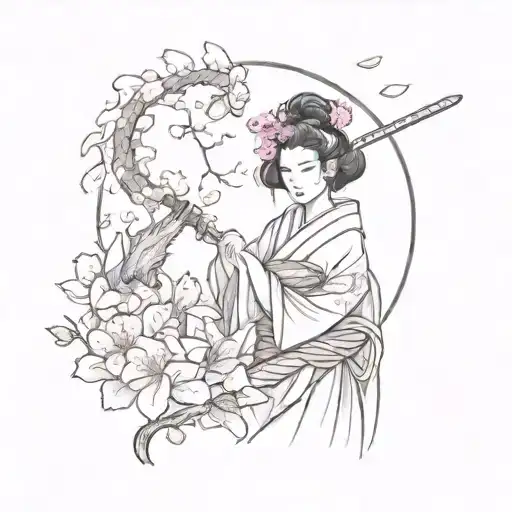 Sketch "A Geisha Holding A Katana With A Dragon..." Tattoo - BlackInk AI