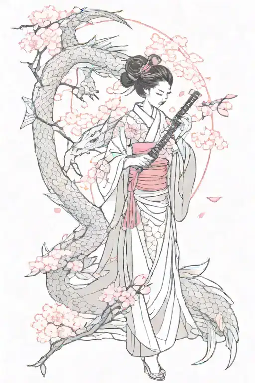A geisha holding a katana with a dragon coiled around her, surrounded by falling pink sakura petals tattoo design idea