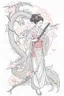 A geisha holding a katana with a dragon coiled around her, surrounded by falling pink sakura petals tattoo design idea