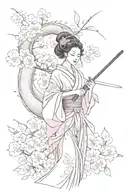 A geisha holding a katana with a dragon coiled around her, surrounded by falling pink sakura petals tattoo design idea
