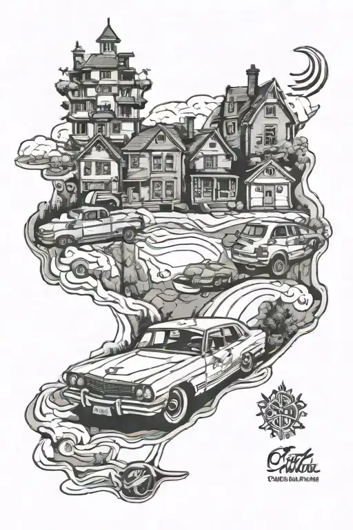 full sleeve tattoo on the backside ofthe arm that interlink with a car and canada map with brampton buildings     tattoo design idea