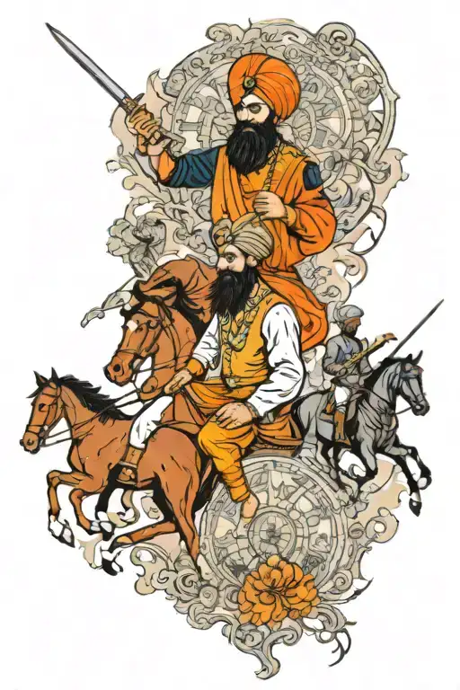 a full arm tattoo based on sikh empire old punjab map with sikh fighters and horses and village things tattoo design idea