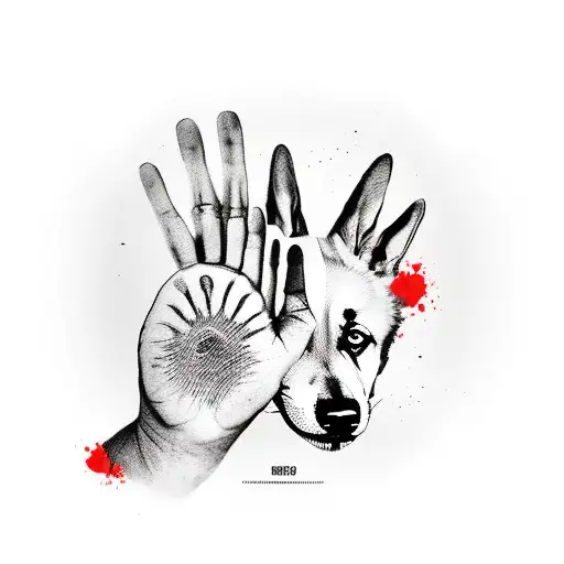 red human hand with dog print inside with  face of german shepherd as part of the paw tattoo design idea