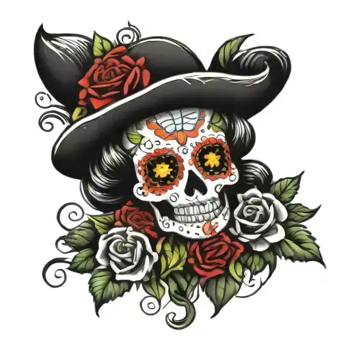 pretty sugar skull wearing tattoo design idea