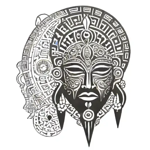 stylized African tribal mask on one side and a detailed Mayan calendar on the other, with intricate patterns and symbols tattoo design idea