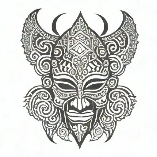 A blackwork tattoo of a traditional African tribal mask with patterns inspired by Mexican art, blending the client's favorite things into a unique design tattoo design idea