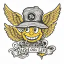 Smiley face with a bucket hat and wings that says oddo in it and "high on life" around   tattoo design idea