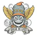 Smiley face with a bucket hat and wings that says oddo in it and "high on life" around   tattoo design idea