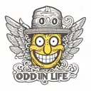 Smiley face with a bucket hat and wings that says oddo in it and "high on life" around   tattoo design idea
