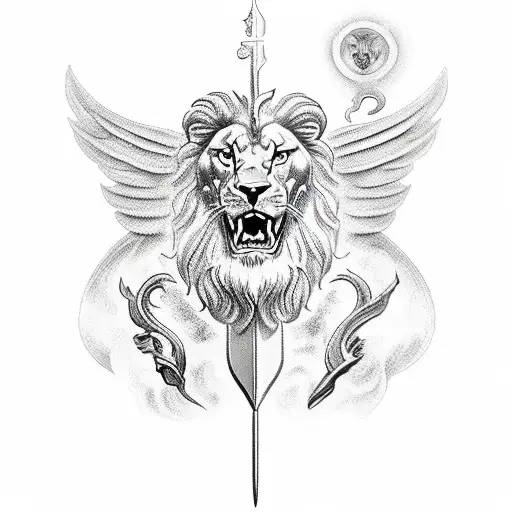 Full sleeve with St.Micheal with a sword on the devil, The greek God Zeus with lightning through its face and a lion tattoo design idea