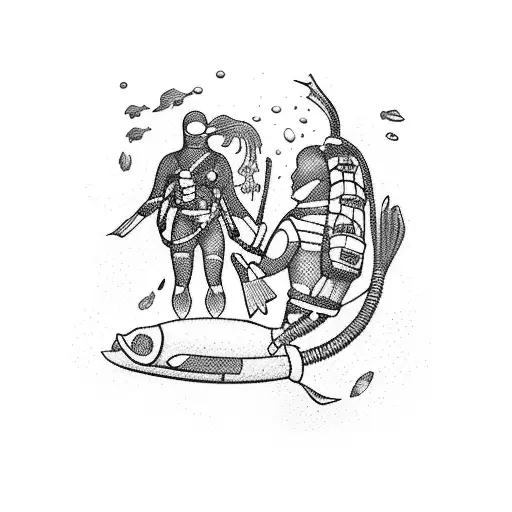a scuba diver and a free diver diving together tattoo design idea