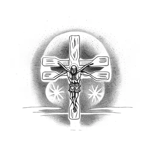 an alien  crucified  in na cross with planets background in the background  tattoo design idea