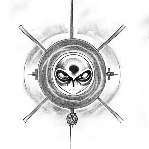 an alien  crucified  in na cross with planets in the background  tattoo design idea
