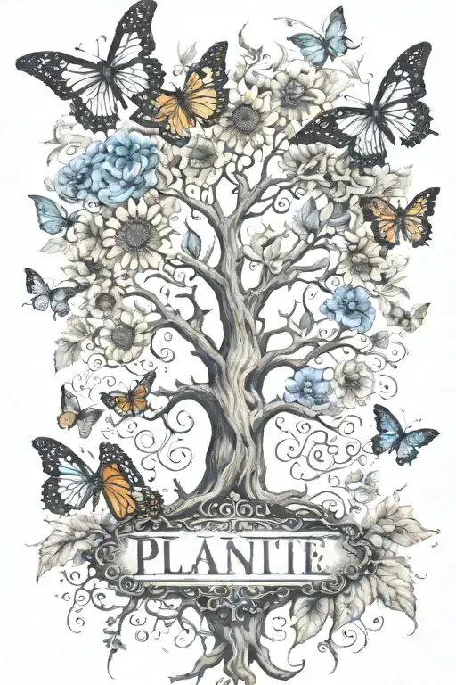 Tree of life with the word "Plant" and "McFarlene"in roots, sunflowers, monarch butterflies, gladiolus flowers, poppies, tattoo design idea