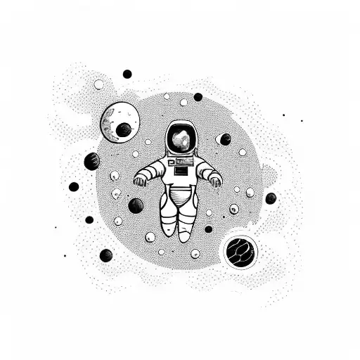 astronaut floating through space surrounded by planets with flowers bursting out  tattoo design idea