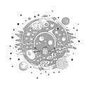astronaut floating through space surrounded by planets with flowers bursting out  tattoo design idea