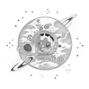 astronaut floating through space surrounded by planets with flowers bursting out  tattoo design idea